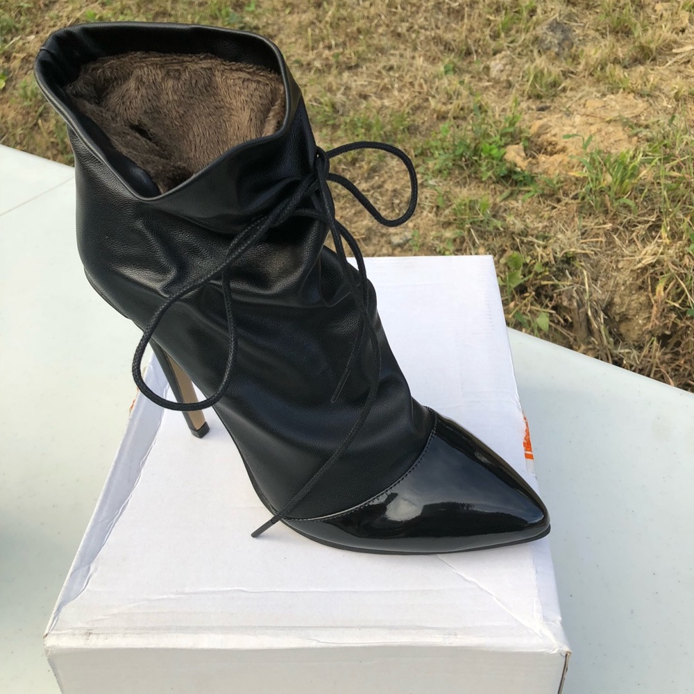 Black Leather and Patent Laced Bootie
